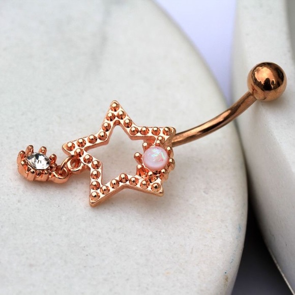 Rose Gold Plated Star Drop Belly Button Ring - Picture 2 of 3
